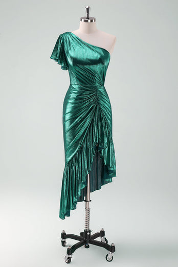 Dark Green Metallic One Shoulder Mermaid Graduation Dress with Ruffles