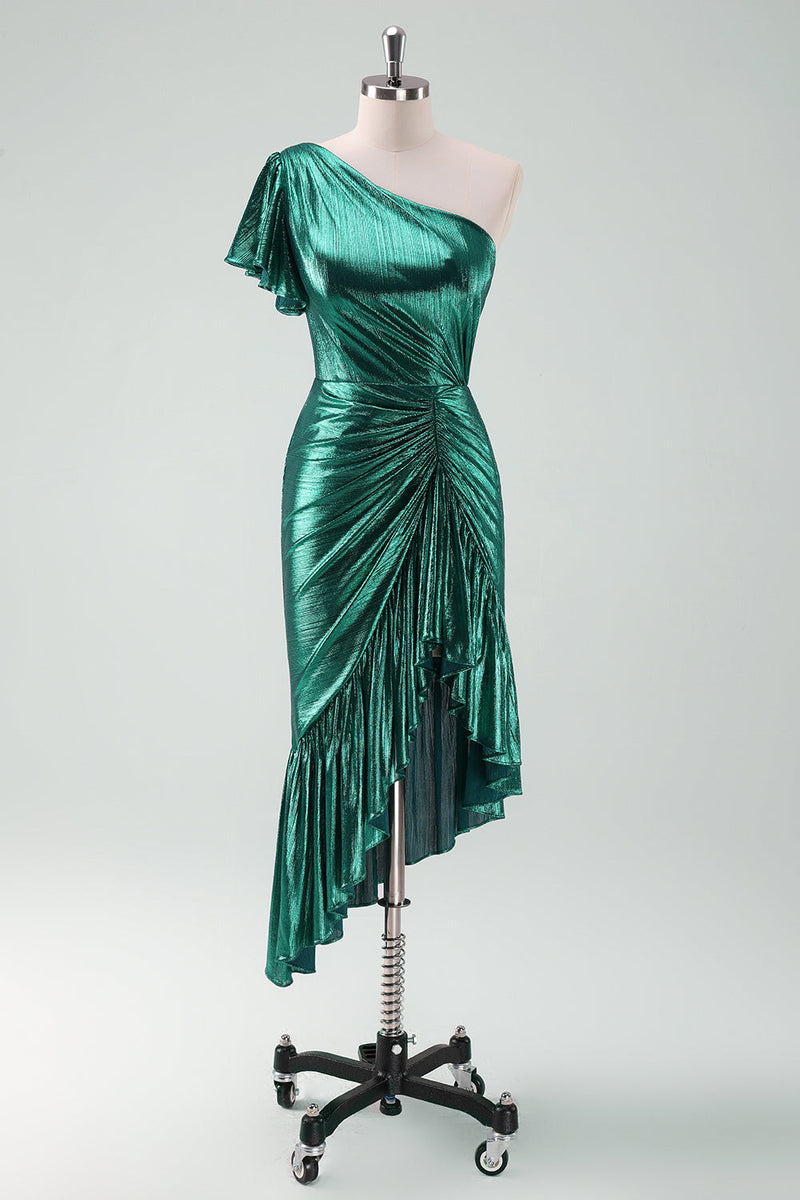 Load image into Gallery viewer, Dark Green Metallic One Shoulder Mermaid Graduation Dress with Ruffles