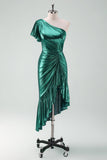 Dark Green One Shoulder Bodycon Metallic Cocktail Dress with Ruffles