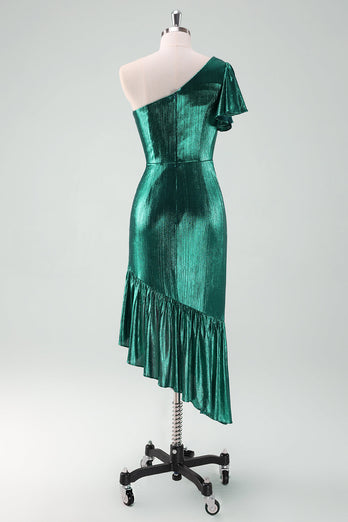 Dark Green Metallic One Shoulder Mermaid Graduation Dress with Ruffles