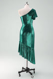 Dark Green One Shoulder Bodycon Metallic Cocktail Dress with Ruffles