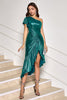 Load image into Gallery viewer, Dark Green One Shoulder Bodycon Metallic Cocktail Dress with Ruffles