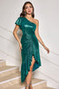 Load image into Gallery viewer, Dark Green One Shoulder Bodycon Metallic Cocktail Dress with Ruffles