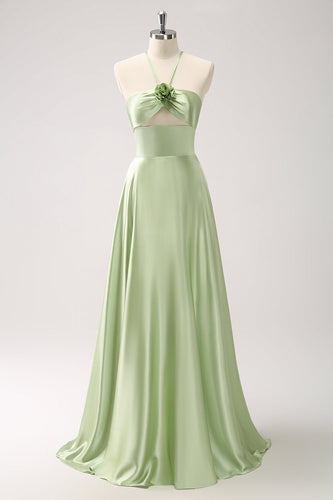 Light Green A Line Halter Hollow Out Satin Bridesmaid Dress with Flower