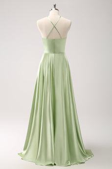 Light Green A Line Halter Hollow Out Satin Bridesmaid Dress with Flower