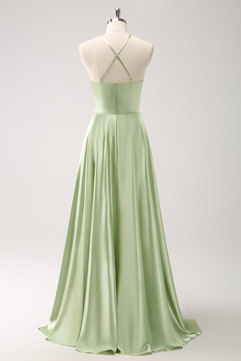 Load image into Gallery viewer, Light Green A Line Halter Hollow Out Satin Bridesmaid Dress with Flower