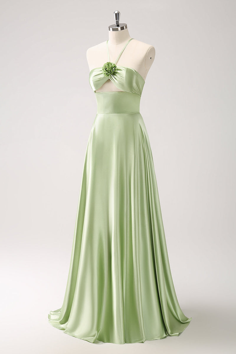 Load image into Gallery viewer, Light Green A Line Halter Hollow Out Satin Bridesmaid Dress with Flower