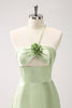 Load image into Gallery viewer, Light Green A Line Halter Hollow Out Satin Bridesmaid Dress with Flower