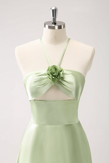 Light Green A Line Halter Hollow Out Satin Bridesmaid Dress with Flower