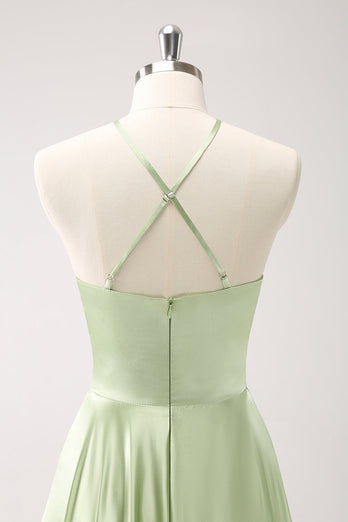 Light Green A Line Halter Hollow Out Satin Bridesmaid Dress with Flower