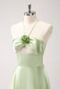 Load image into Gallery viewer, Light Green A Line Halter Hollow Out Satin Bridesmaid Dress with Flower