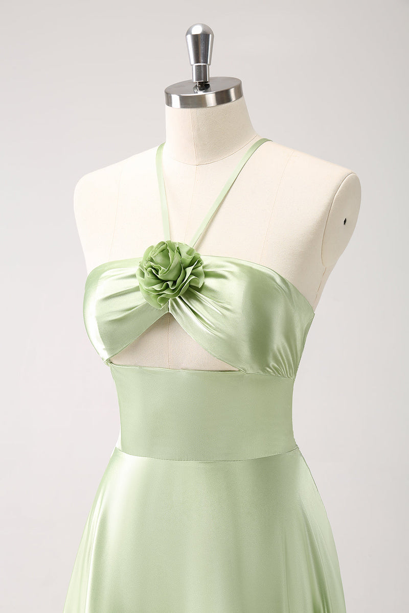 Load image into Gallery viewer, Light Green A Line Halter Hollow Out Satin Bridesmaid Dress with Flower