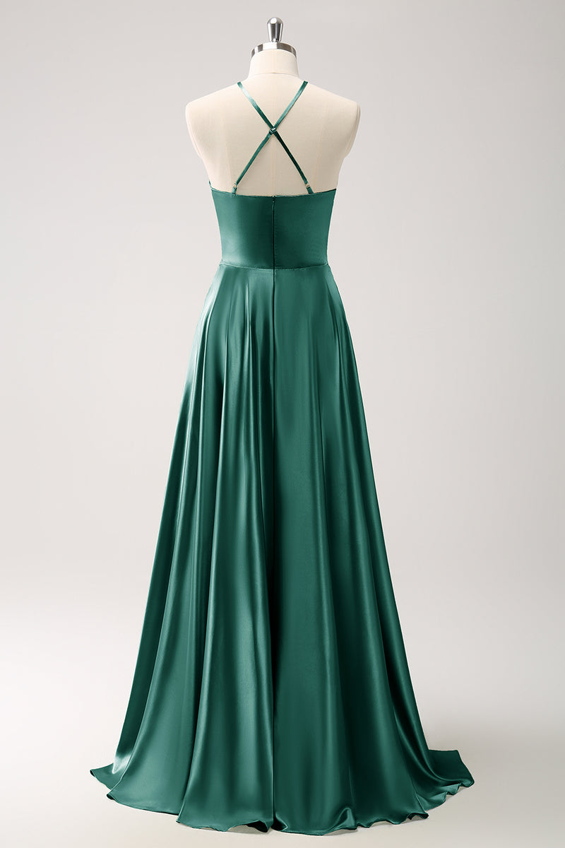 Load image into Gallery viewer, Light Green A Line Halter Hollow Out Satin Bridesmaid Dress with Flower