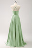 Load image into Gallery viewer, Light Green A Line Halter Hollow Out Satin Bridesmaid Dress with Flower