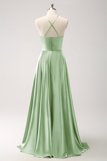 Light Green A Line Halter Hollow Out Satin Bridesmaid Dress with Flower