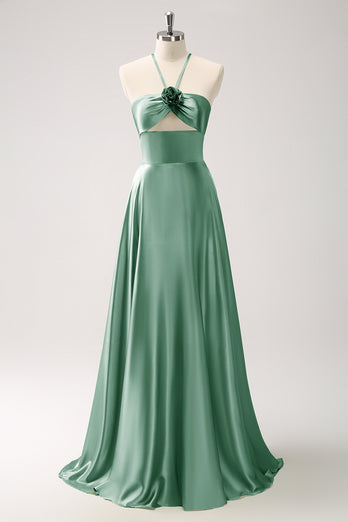 Light Green A Line Halter Hollow Out Satin Bridesmaid Dress with Flower