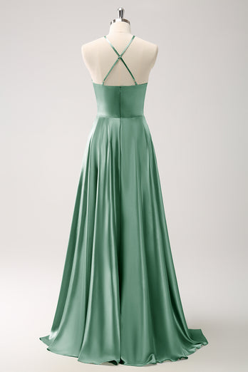 Light Green A Line Halter Hollow Out Satin Bridesmaid Dress with Flower