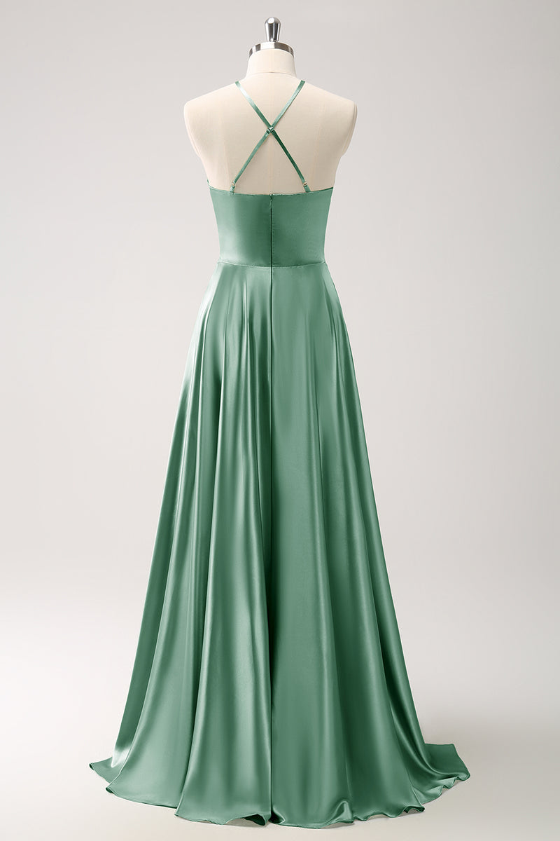 Load image into Gallery viewer, Light Green A Line Halter Hollow Out Satin Bridesmaid Dress with Flower