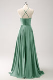 Light Green A Line Halter Hollow Out Satin Bridesmaid Dress with Flower