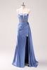 Load image into Gallery viewer, Sparkly Blue Mermaid Spaghetti Straps Corset Prom Dress with Lace-Up Back