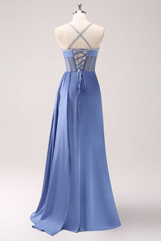 Sparkly Blue Spaghetti Straps Corset Prom Dress with Lace-Up Back