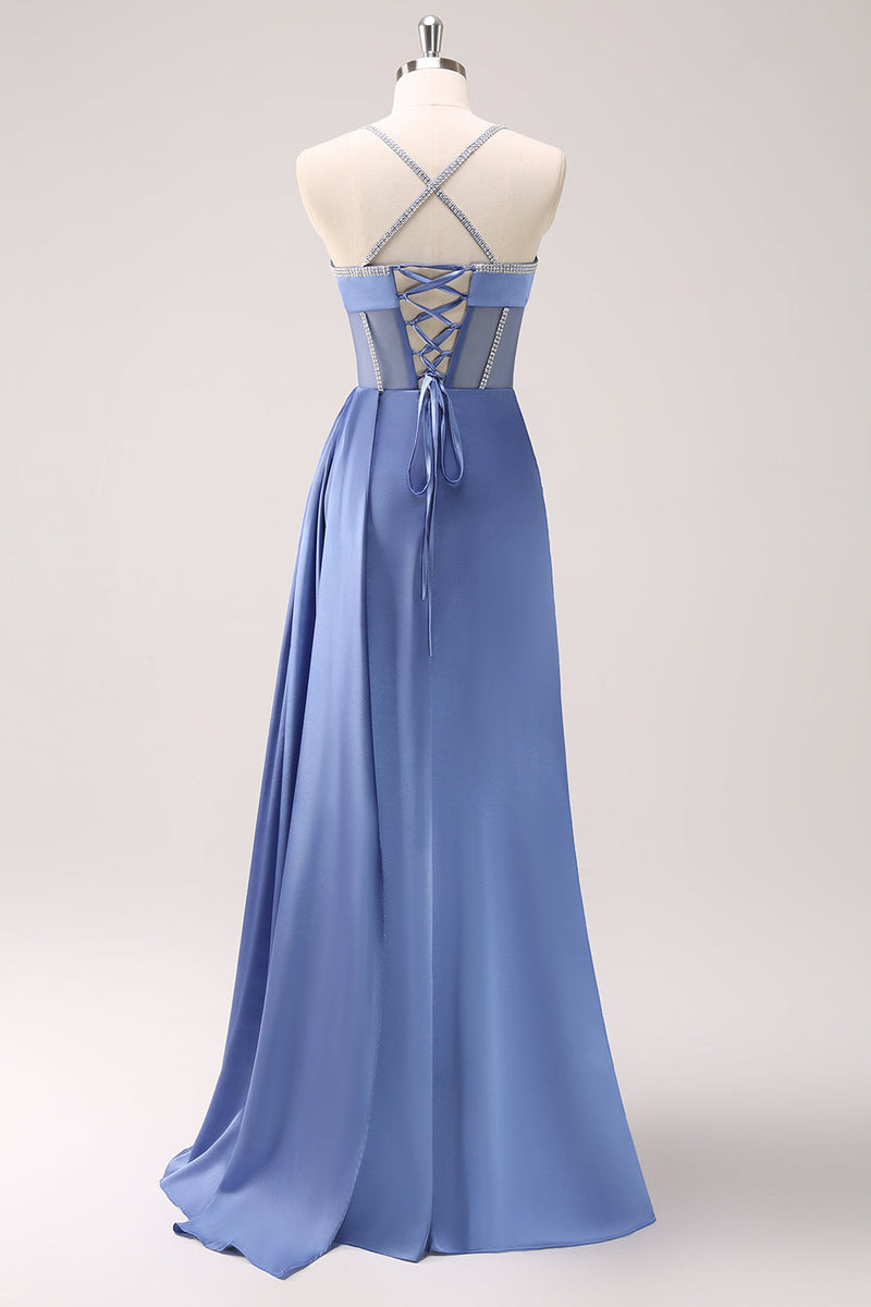 Load image into Gallery viewer, Sparkly Blue Spaghetti Straps Corset Prom Dress with Lace-Up Back