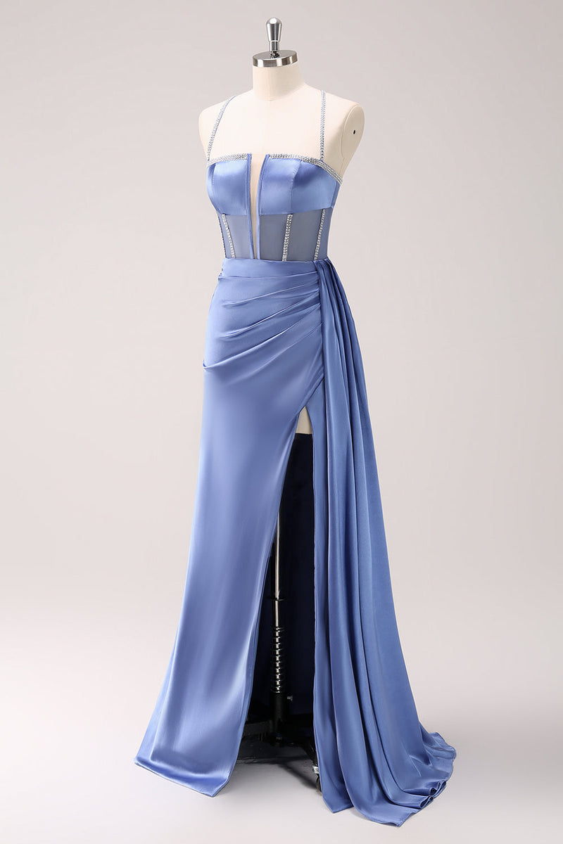 Load image into Gallery viewer, Sparkly Blue Spaghetti Straps Corset Prom Dress with Lace-Up Back