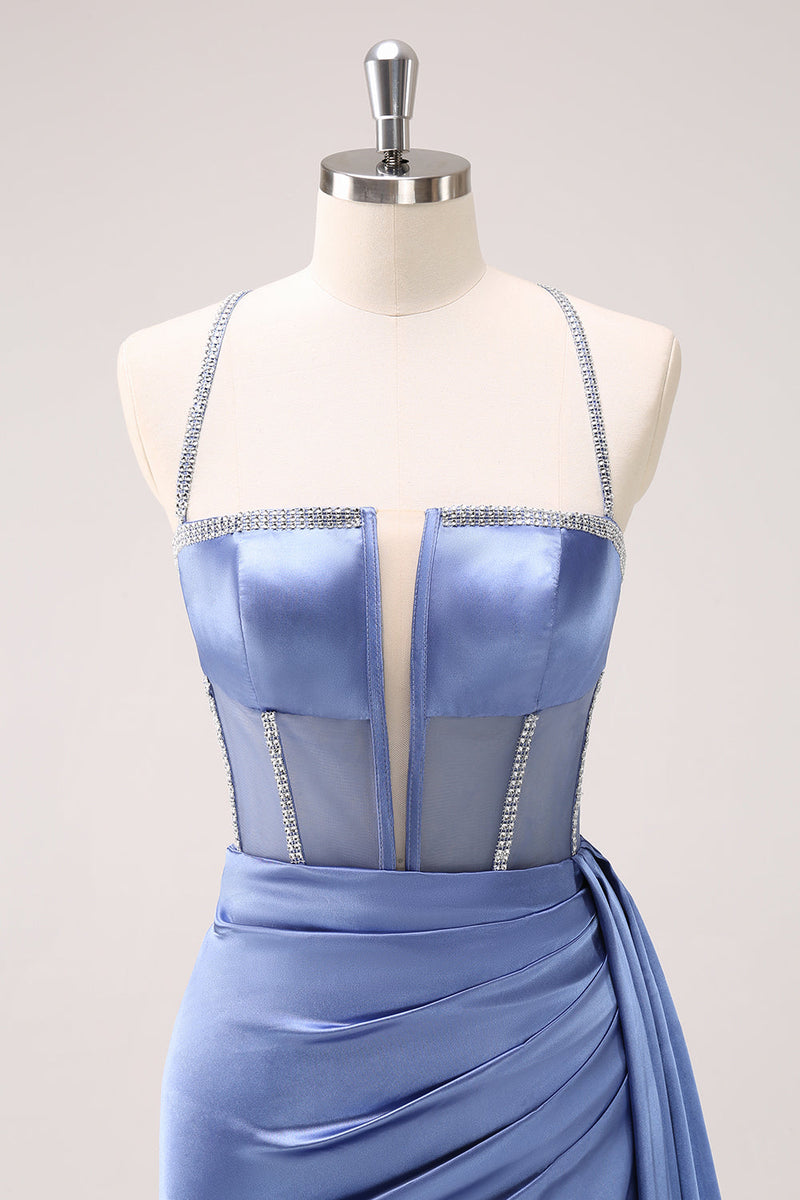 Load image into Gallery viewer, Sparkly Blue Spaghetti Straps Corset Prom Dress with Lace-Up Back