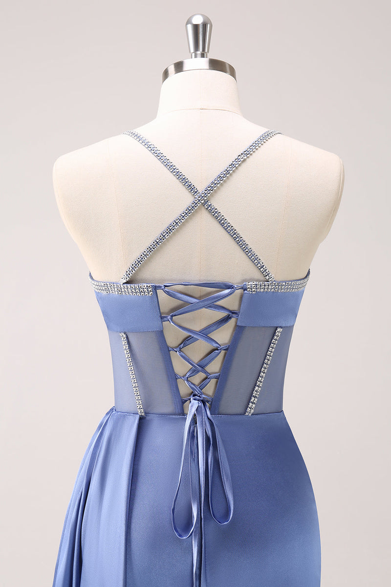 Load image into Gallery viewer, Sparkly Blue Spaghetti Straps Corset Prom Dress with Lace-Up Back