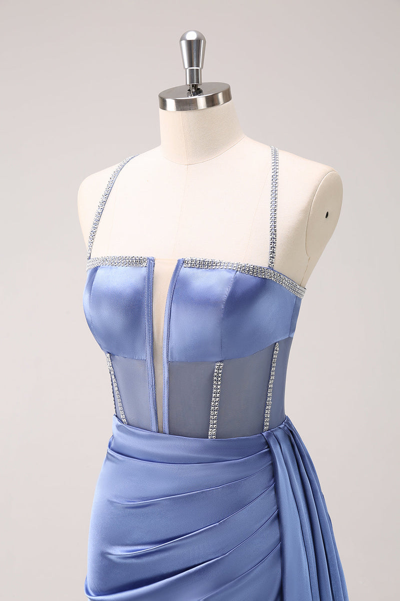 Load image into Gallery viewer, Sparkly Blue Spaghetti Straps Corset Prom Dress with Lace-Up Back