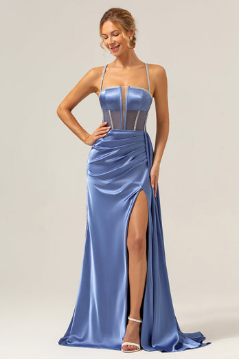 Sparkly Blue Mermaid Spaghetti Straps Corset Prom Dress with Lace-Up Back