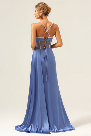 Sparkly Blue Spaghetti Straps Corset Prom Dress with Lace-Up Back