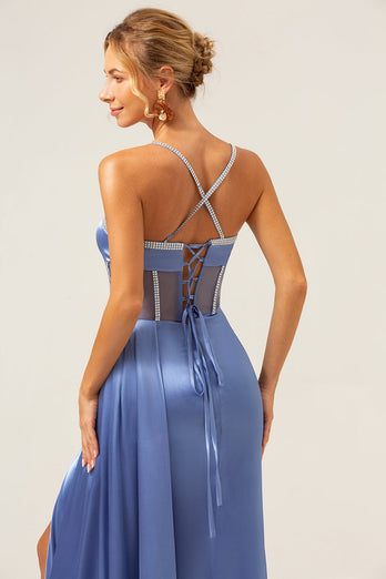 Sparkly Blue Mermaid Spaghetti Straps Corset Prom Dress with Lace-Up Back