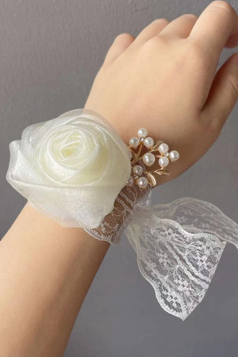 Load image into Gallery viewer, Champagne Pearl Prom Wrist Corsage with Lace Ribbon