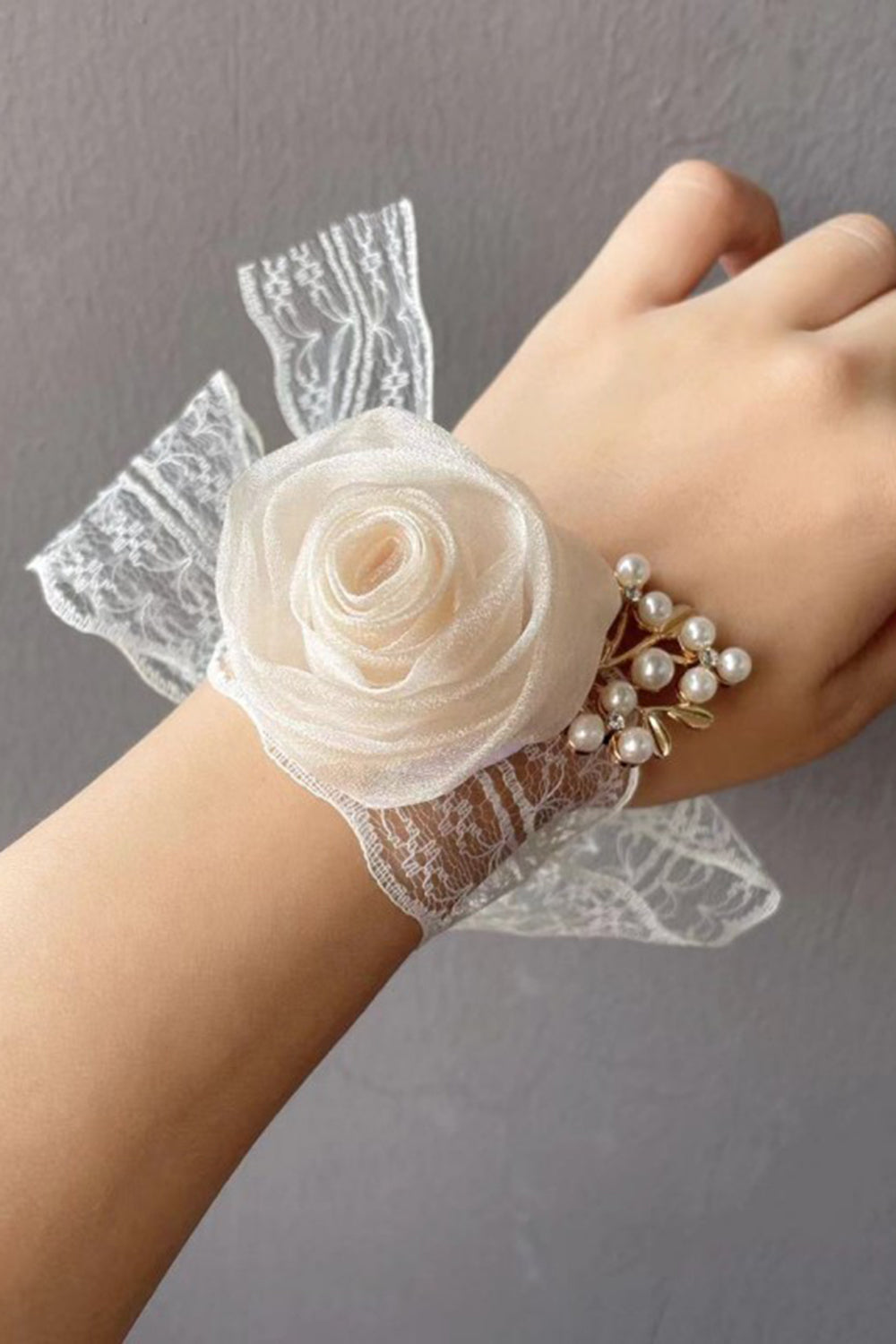 Champagne Pearl Prom Wrist Corsage with Lace Ribbon