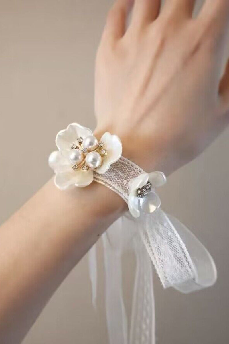 Load image into Gallery viewer, White Ceramic Petal Wrist Corsage with Pearls