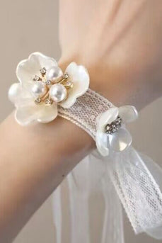 White Ceramic Petal Wrist Corsage with Pearls