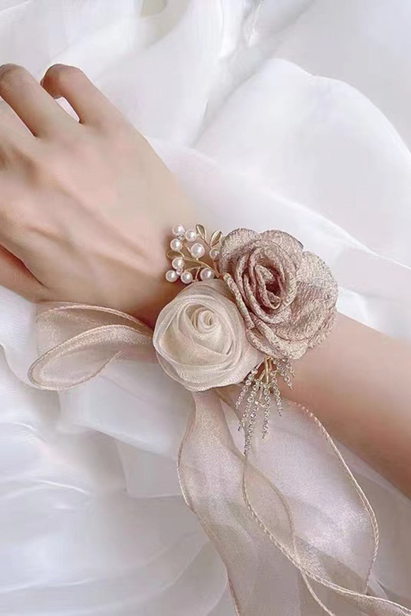 Load image into Gallery viewer, Champagne Two Flowers Wrist Corsage with Ribbon