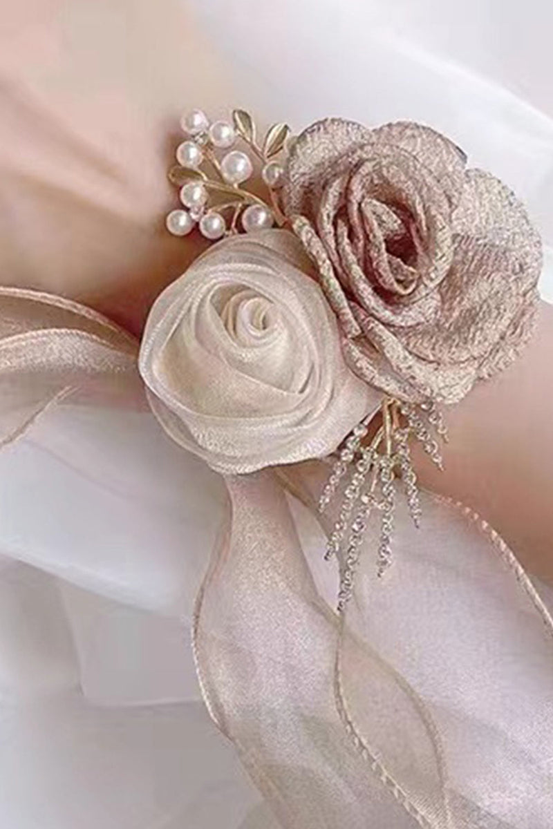 Load image into Gallery viewer, Champagne Two Flowers Wrist Corsage with Ribbon