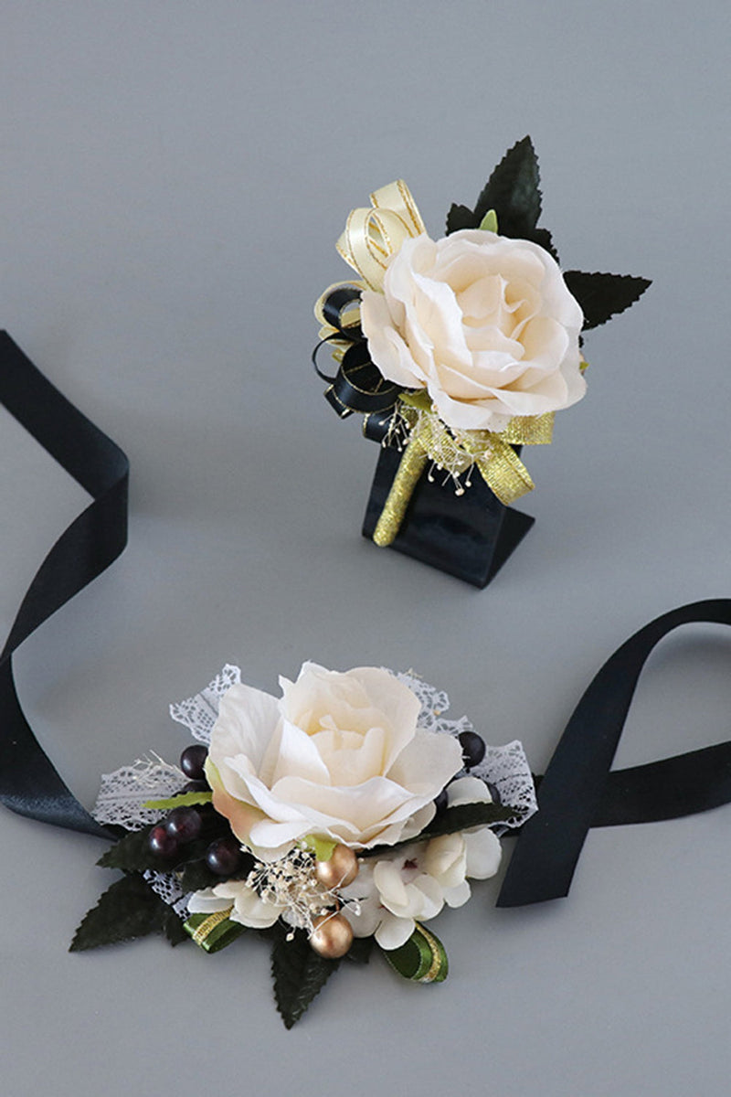 Load image into Gallery viewer, Luxury Black White Homecoming Wrist Corsage and Men&#39;s Boutonniere Set