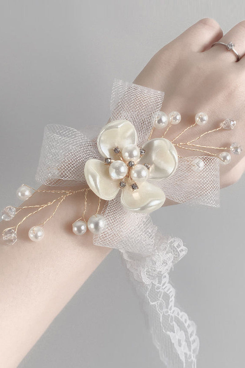 Load image into Gallery viewer, Elegant White Ceramic Flower Mesh Wrist Corsage with Lace Ribbon