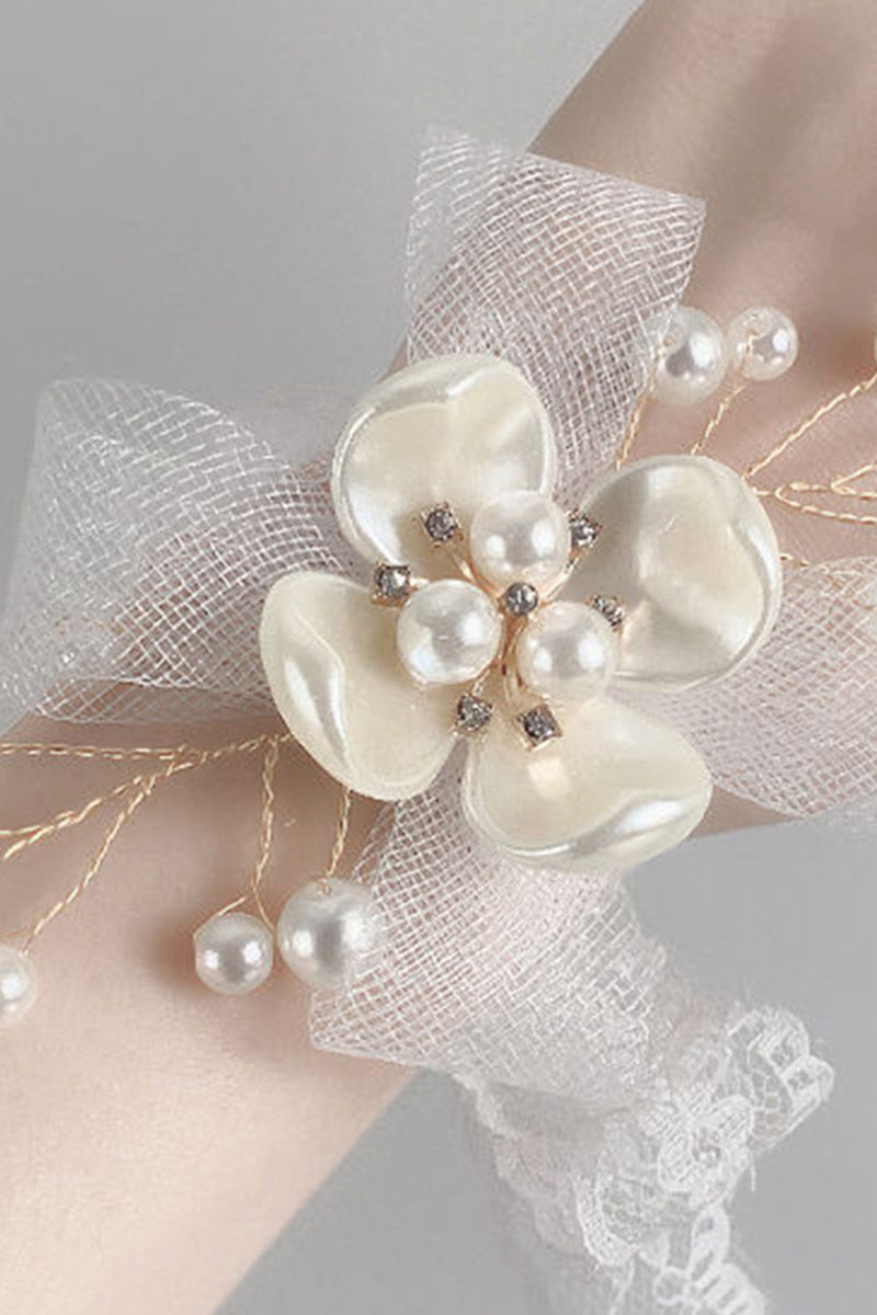 Load image into Gallery viewer, Elegant White Ceramic Flower Mesh Wrist Corsage with Lace Ribbon