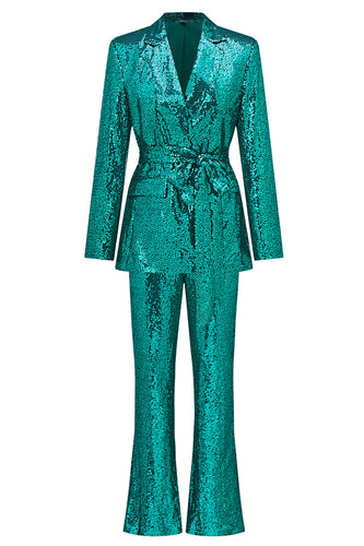 Glitter Green Sequins Notched Lapel Women Suits with Belt