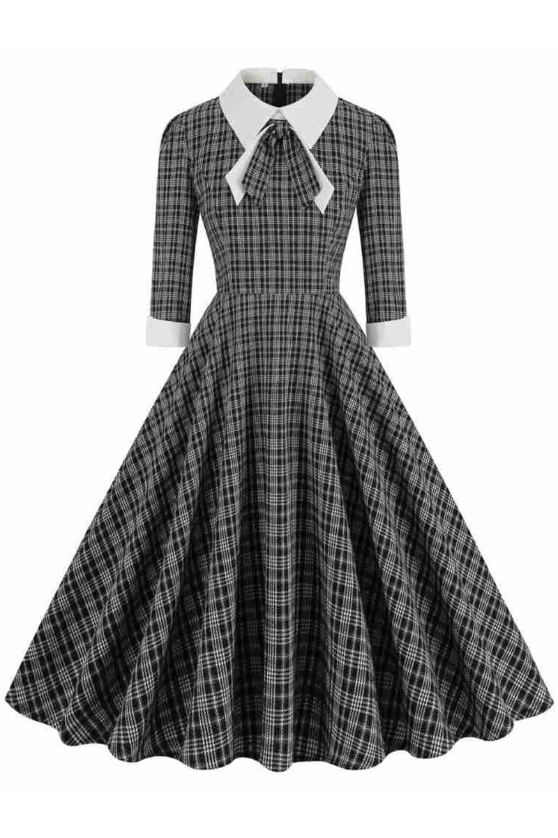 Load image into Gallery viewer, Black Plaid Lapel Neck Vintage 1950s Dress with Half Sleeves