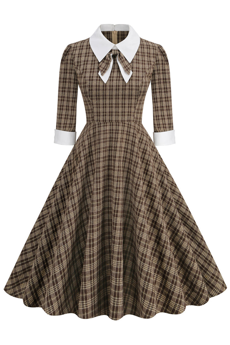 Load image into Gallery viewer, Black Plaid Lapel Neck Vintage 1950s Dress with Half Sleeves