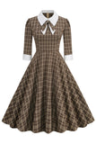 Black Plaid Lapel Neck Vintage 1950s Dress with Half Sleeves