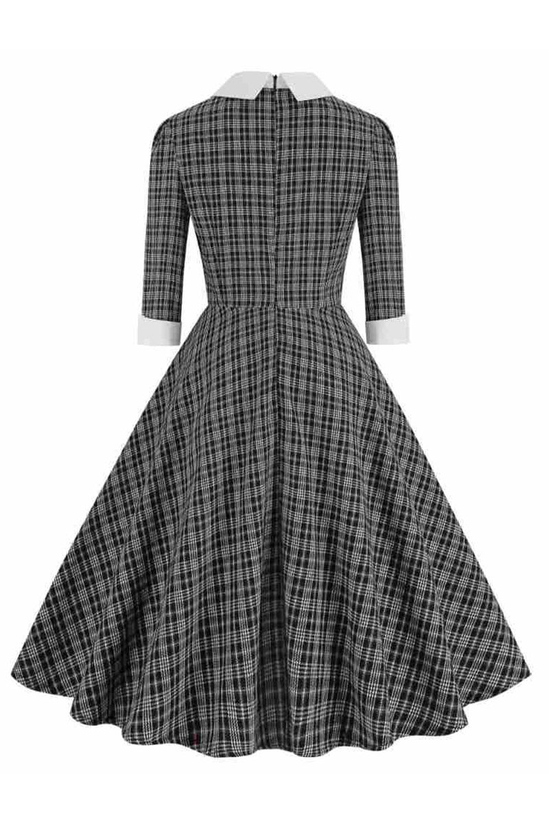 Load image into Gallery viewer, Black Plaid Lapel Neck Vintage 1950s Dress with Half Sleeves