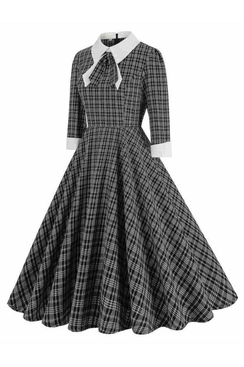 Load image into Gallery viewer, Black Plaid Lapel Neck Vintage 1950s Dress with Half Sleeves