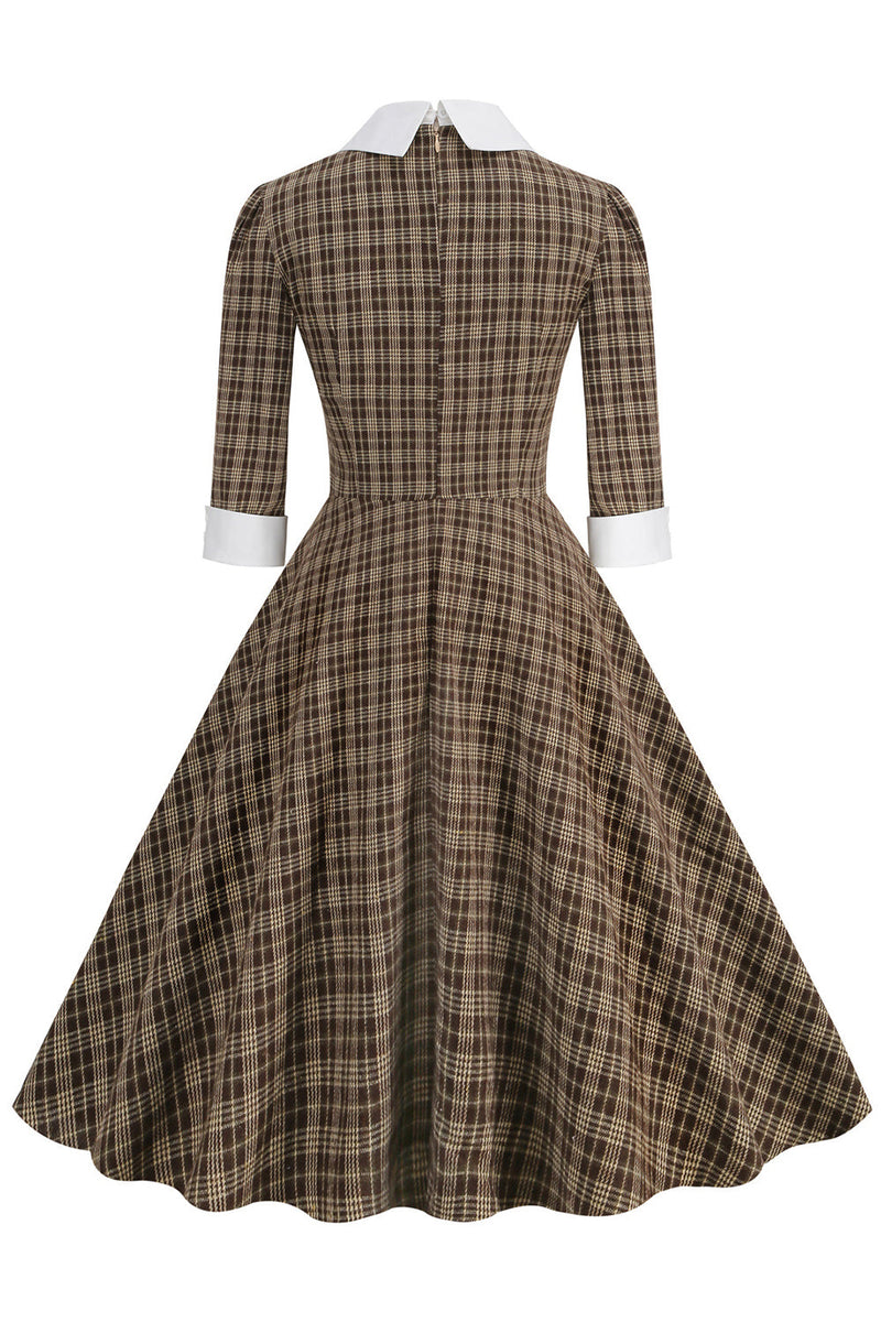 Load image into Gallery viewer, Black Plaid Lapel Neck Vintage 1950s Dress with Half Sleeves