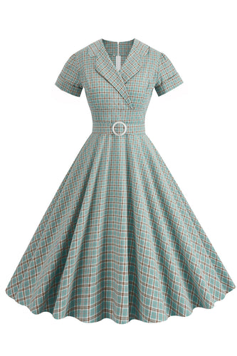 Green Grid A Line Lapel Vintage 1950s Dress with Short Sleeves